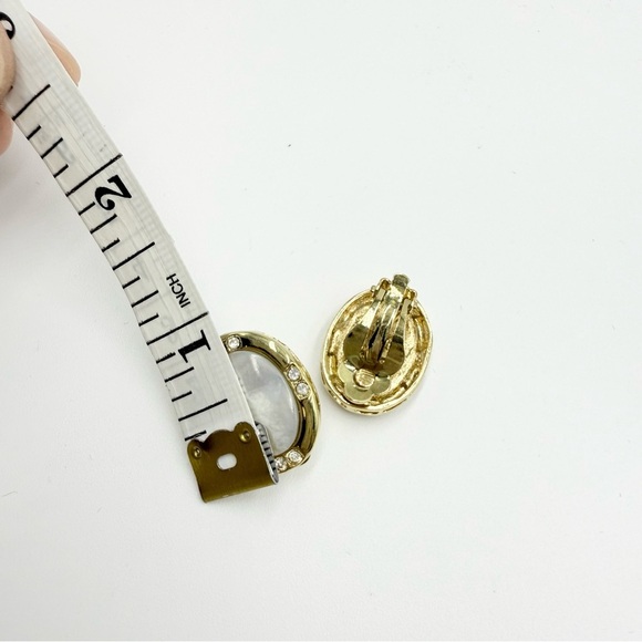 Vintage Louis Rousselet Gold Tone Mother Of Pearl - Rhinestones Clip-On Earrings - Picture 7 of 7